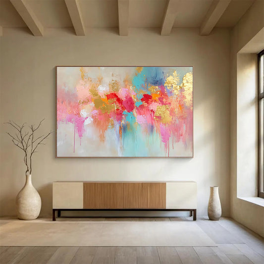 Hand Painted Art with Pink, Gold, Turquoise and Red Colors, Colorful Abstract Floral Theme WB302