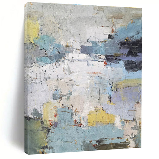 Hand-Painted Blue, Yellow & Gray Textured Abstract, Modern Art Acrylic HS256