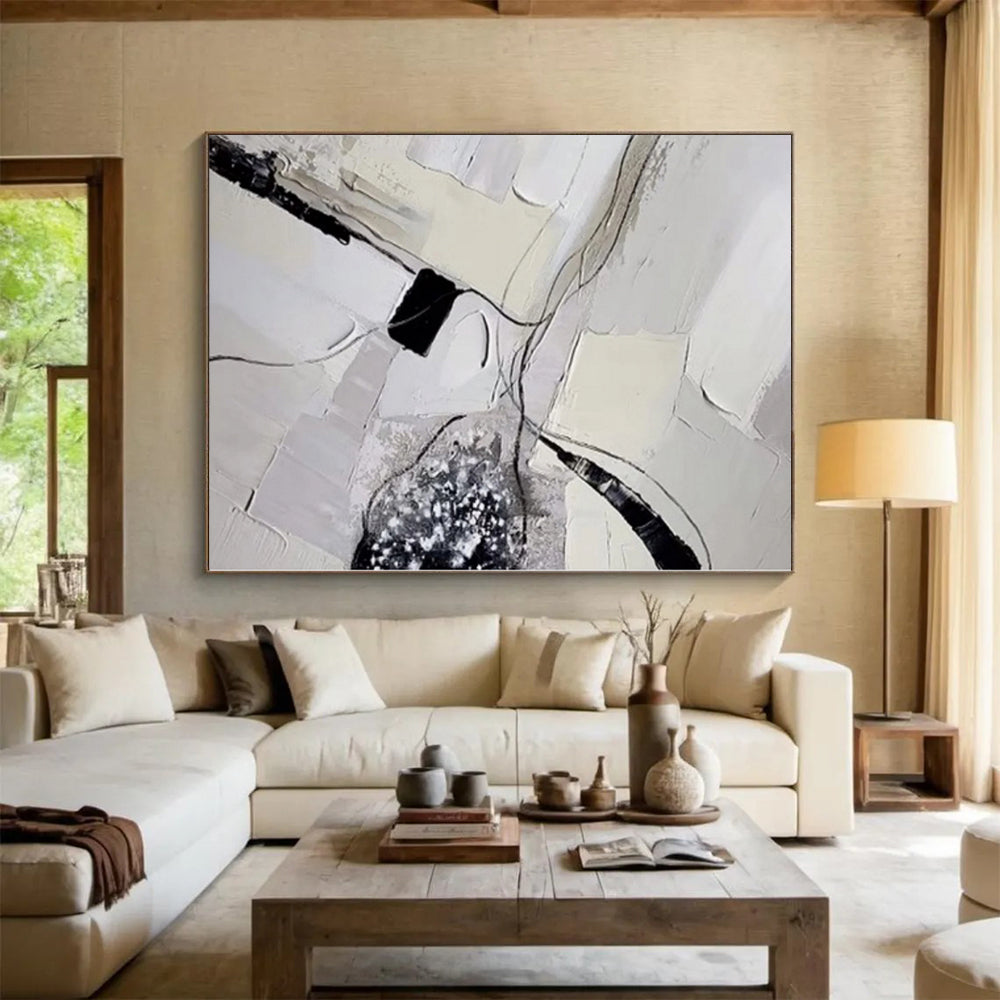 Hand-Painted Gray, White, and Black Abstract Textured Line Painting For Sale HS034