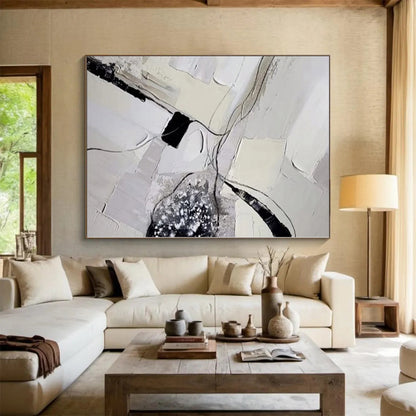 Hand-Painted Gray, White, and Black Abstract Textured Line Painting For Sale HS034