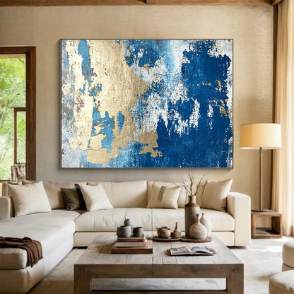 Big Size Blue, White, and Gold Textured Abstract Art WB262