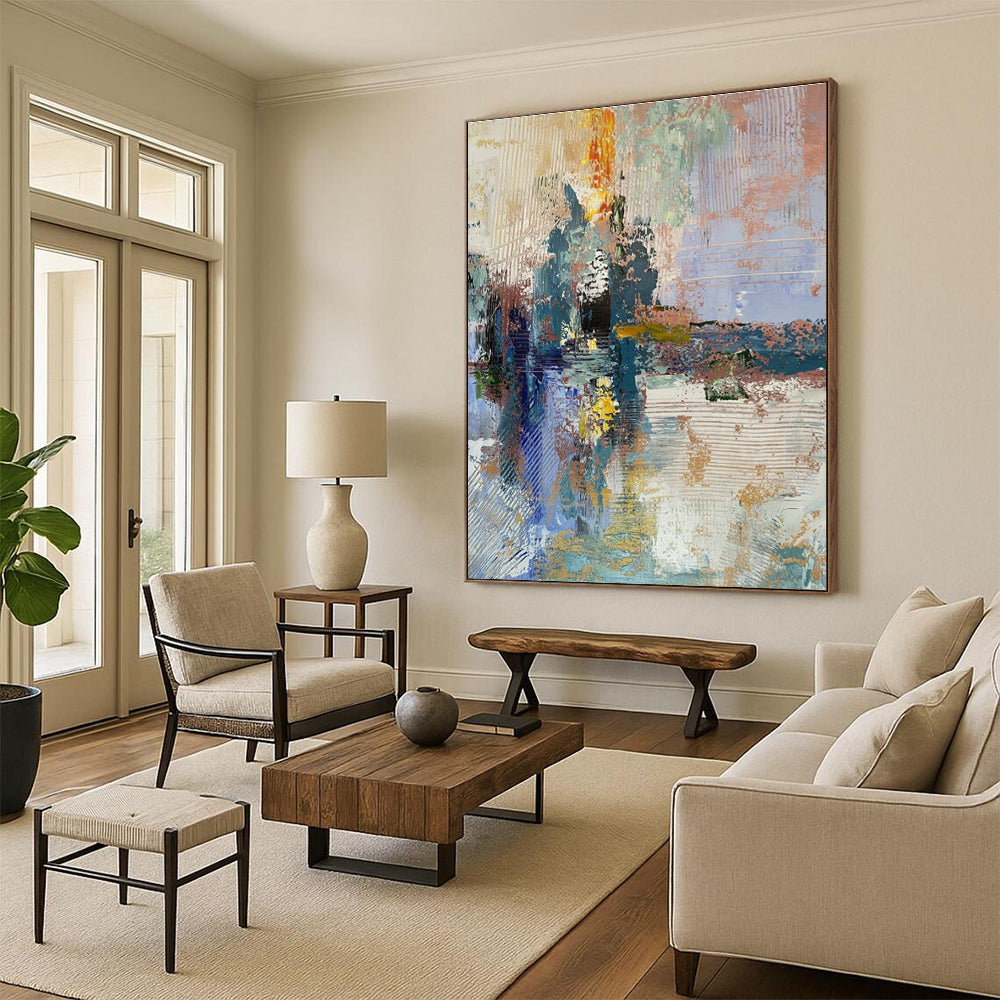 Acrylic Modern Art Paintings Blue, Gold, and Pink Textured Abstract Painting On Canvas HS772