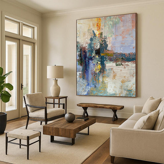 Acrylic Modern Art Paintings Blue, Gold, and Pink Textured Abstract Painting On Canvas HS772