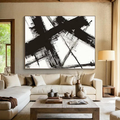 Hand-Painted Black and White Abstract Geometric Painting For Sale HS014