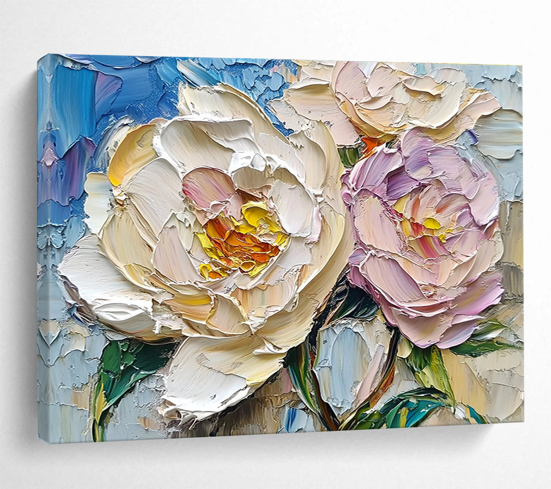 Hand Paintings with Cream, Pink and Blue Colors, Peony Flower Theme Abstract Art WB322