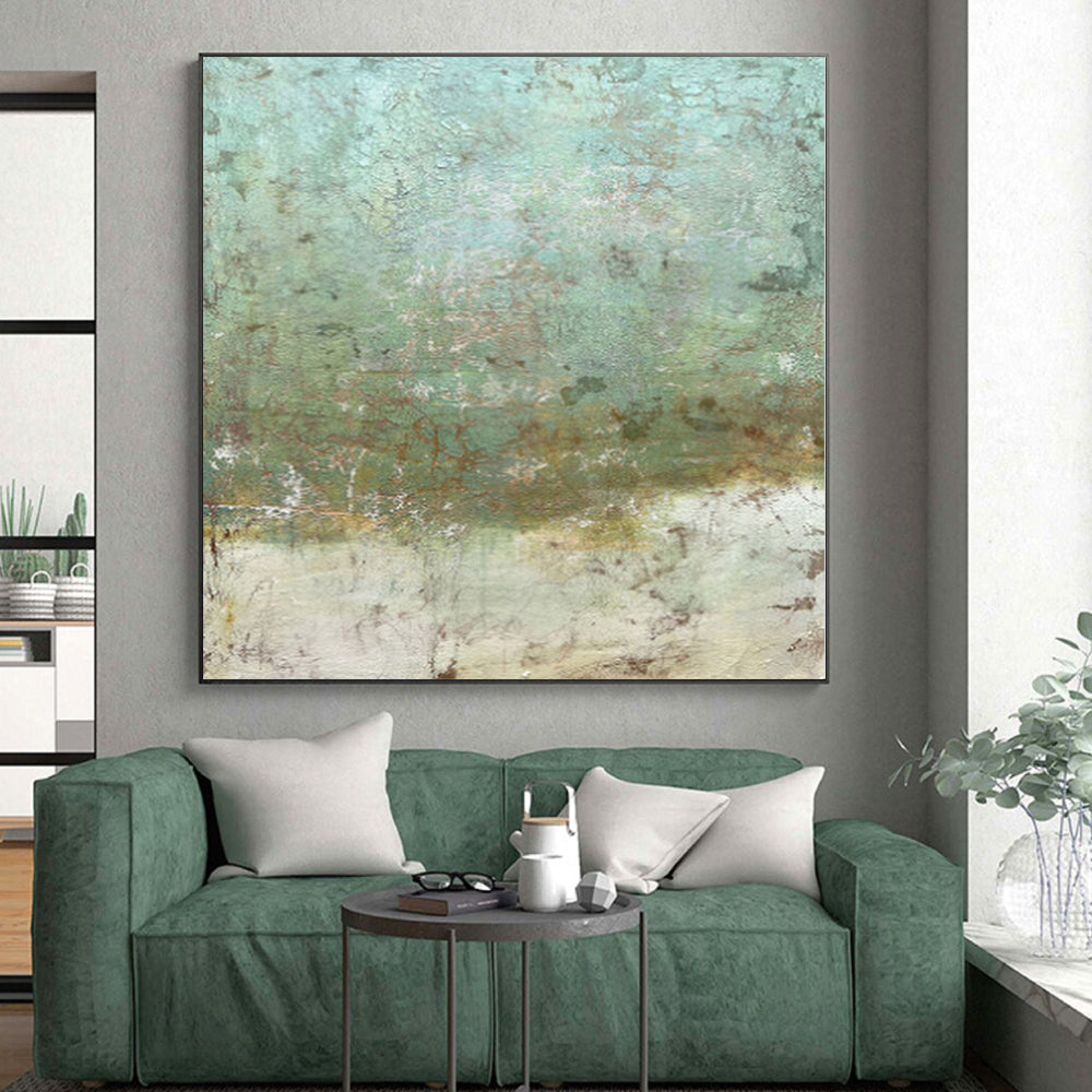 Hand-Painted Turquoise and Beige Abstract Textured Painting For Sale HS071