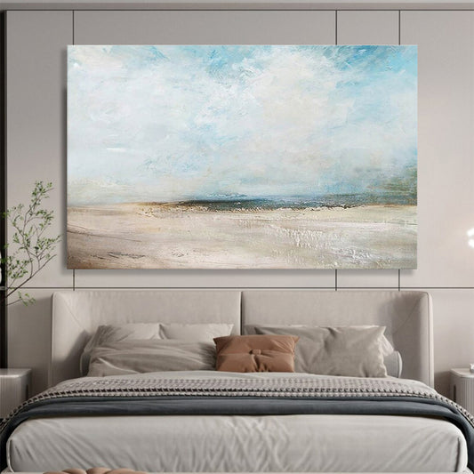 Blue, Beige, Gray Abstract Seaside Landscape Art For Sale WB387
