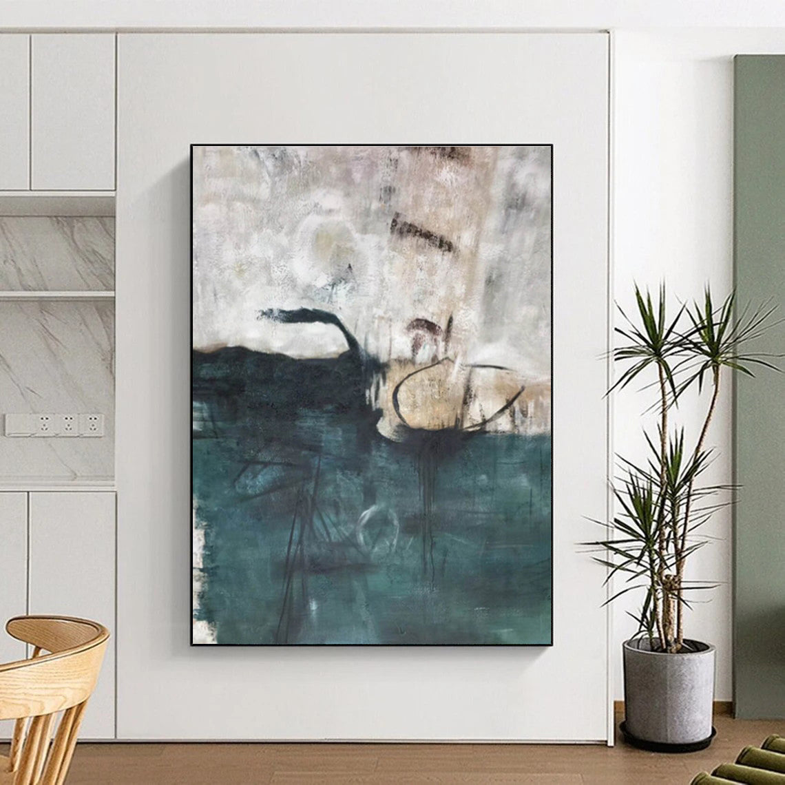 Hand-Painted Teal & Beige Abstract Coastal Landscape Art HS397