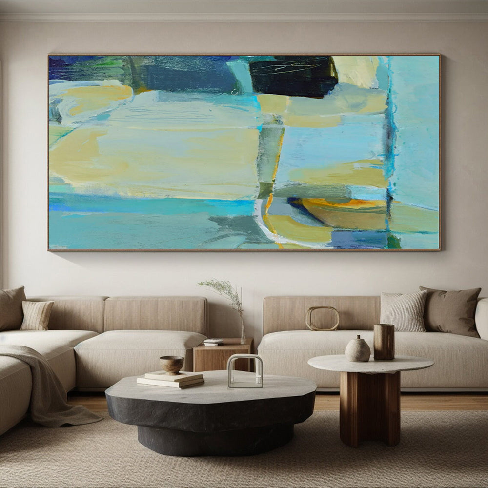 Acrylic Modern Art Paintings Teal, Beige, and Blue Abstract Art HS747