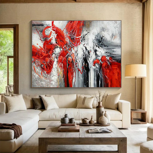 Modern Art Abstract Paintings with Red, White, Black and Gray Colors, Energetic Abstract Theme WB330
