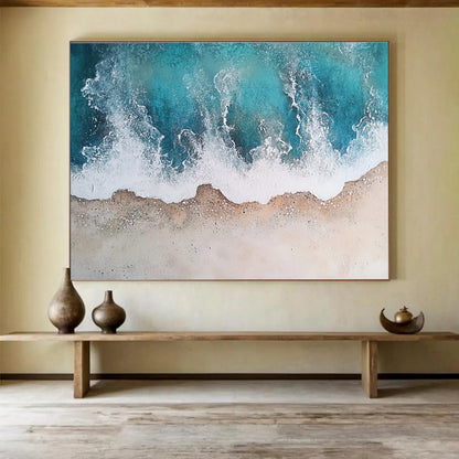 Big Size Teal, White, and Beige Textured Abstract Seashore - Acrylic Painting WB290
