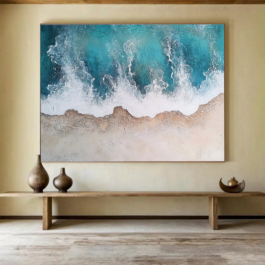 Big Size Teal, White, and Beige Textured Abstract Seashore - Acrylic Painting WB290