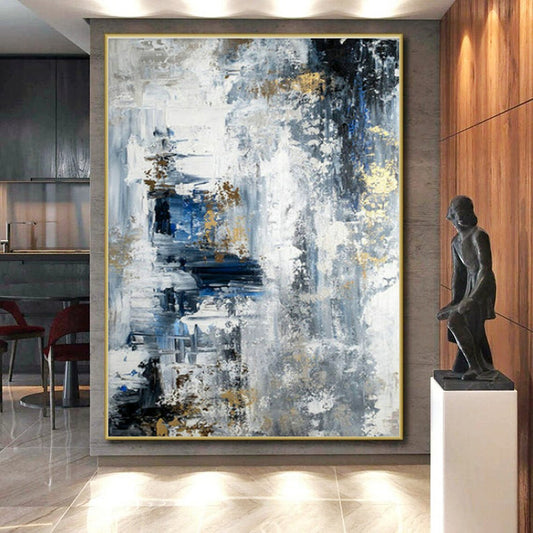 Hand Painted Art Gray, Blue, and Gold Textured Abstract Art HS770