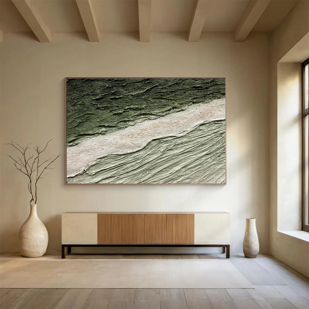Green, Beige, Gray Textured Abstract Landscape Painting, Abstract Acrylic Art WB001