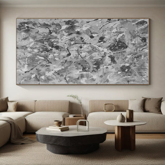 Unique Abstract Art Gray Splatter Abstract, Large Contemporary Wall Art HS459
