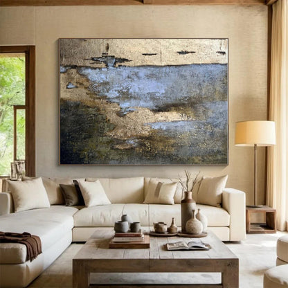 Large Contemporary Wall Art Neutral Tones with Blue and Gold Accents Abstract Art HS648