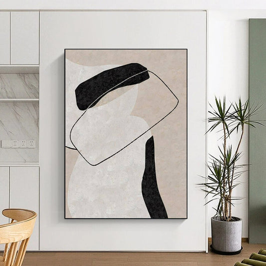 Minimalist Canvas Art Black, Beige, and White Organic Abstract Art HS701
