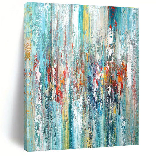 Hand-Painted Turquoise, Red & Yellow Abstract Vertical Strokes Art HS381