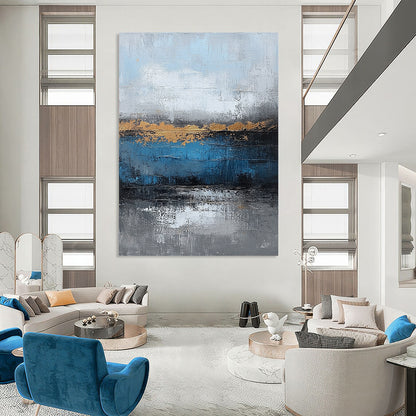 Blue, Gray, Gold Abstract Textured Art For Living Room and Bedroom WS429
