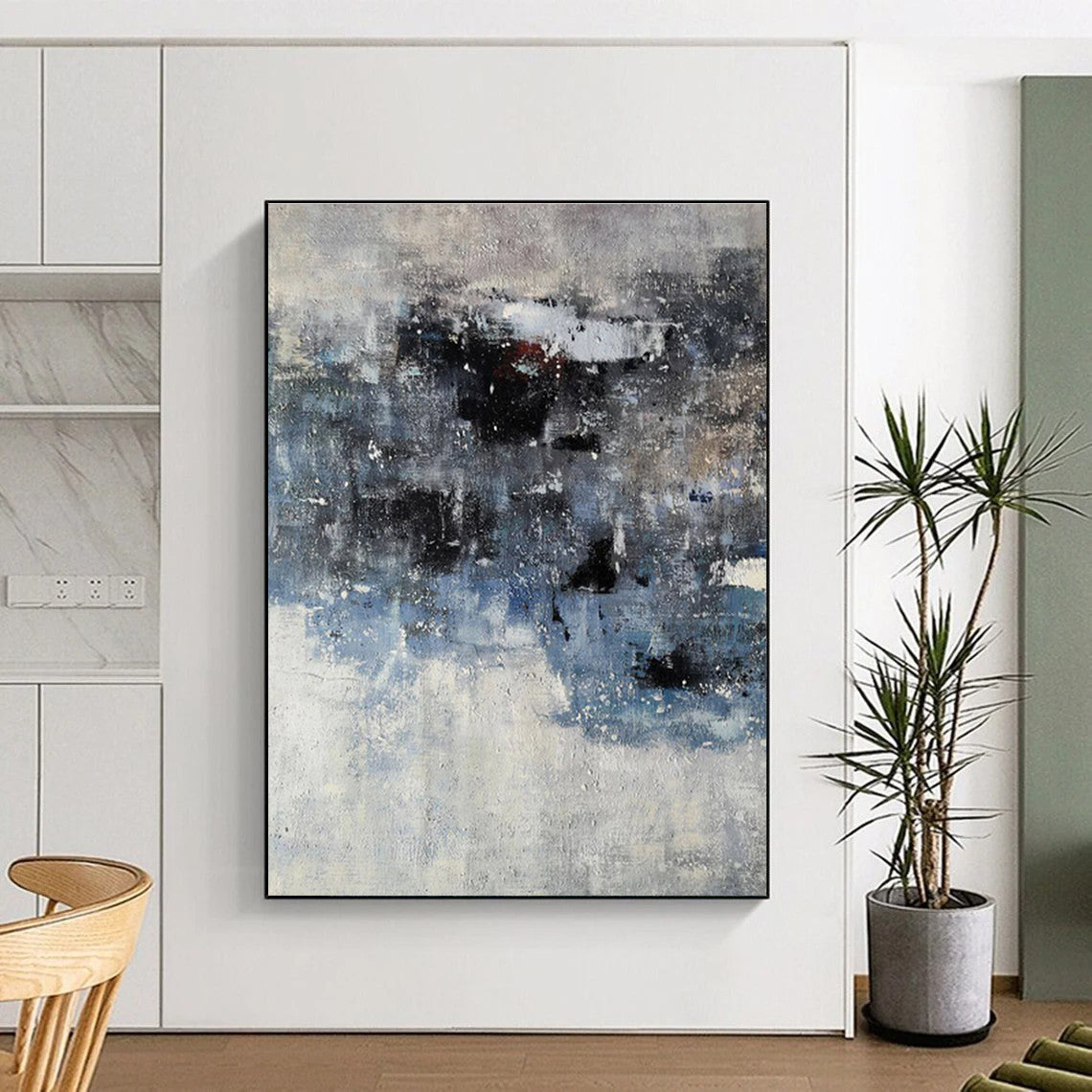 Handmade Art Gray & Blue Textured Abstract, Minimalist Canvas Art HS419