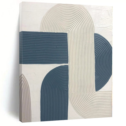 Hand-Painted Blue and Beige Abstract Curved Line Textured Painting For Sale HS029