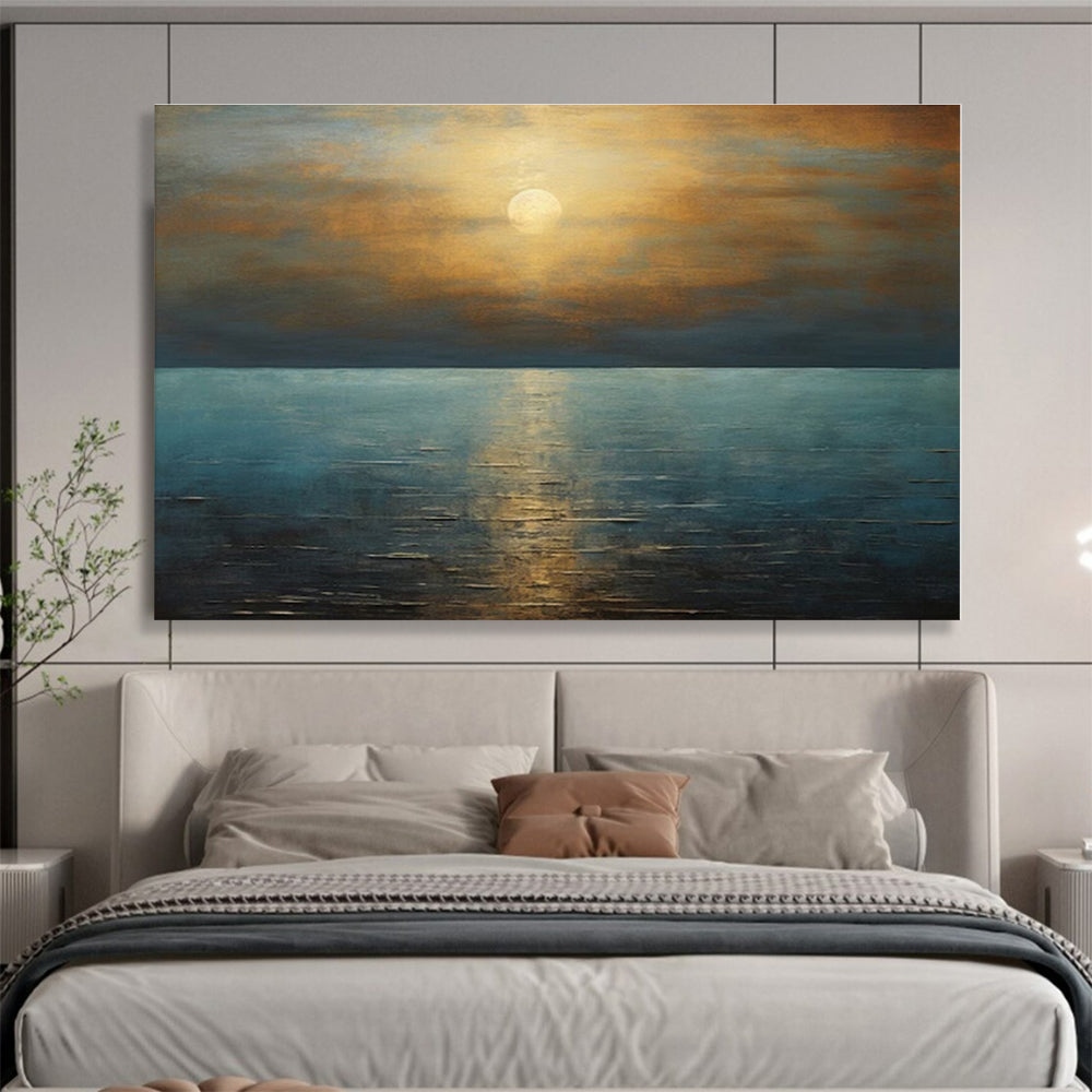 Gold, Blue Abstract Seascape Acrylic Painting WB034