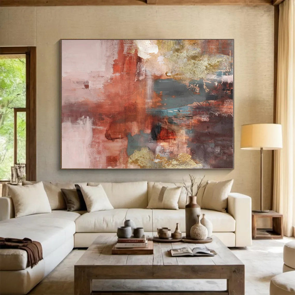 Large Contemporary Wall Art with Red, Gray, Gold, Beige - Unique Abstract Art for Living Room HS508