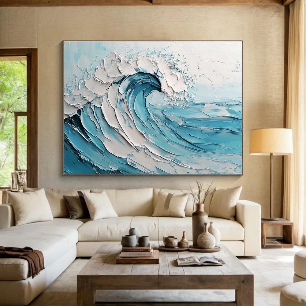 Oversized Canvas Art in Blue and White Textured Wave Abstract Style WB242