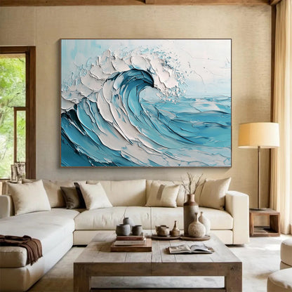 Oversized Canvas Art in Blue and White Textured Wave Abstract Style WB242