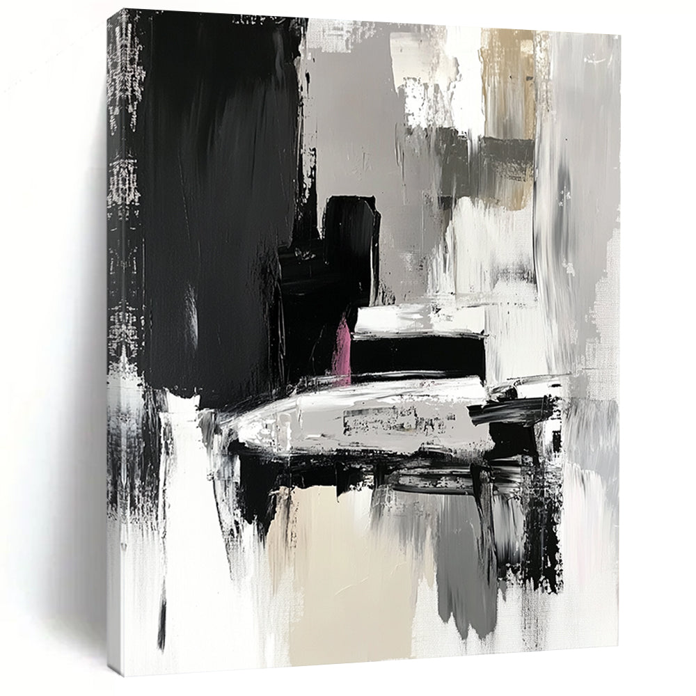 Hand-Painted Black, Gray, White, and Pink Abstract Textured Painting For Sale HS151