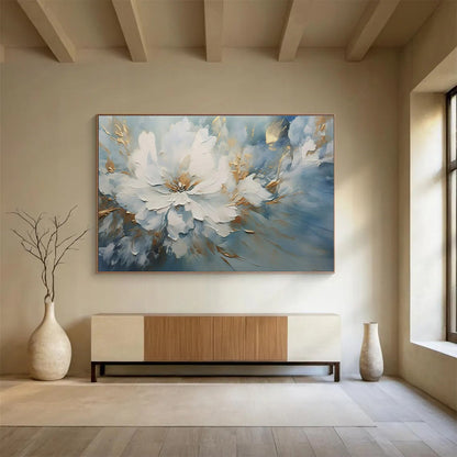 Blue, White, Gold Abstract Floral Art For Sale WB407