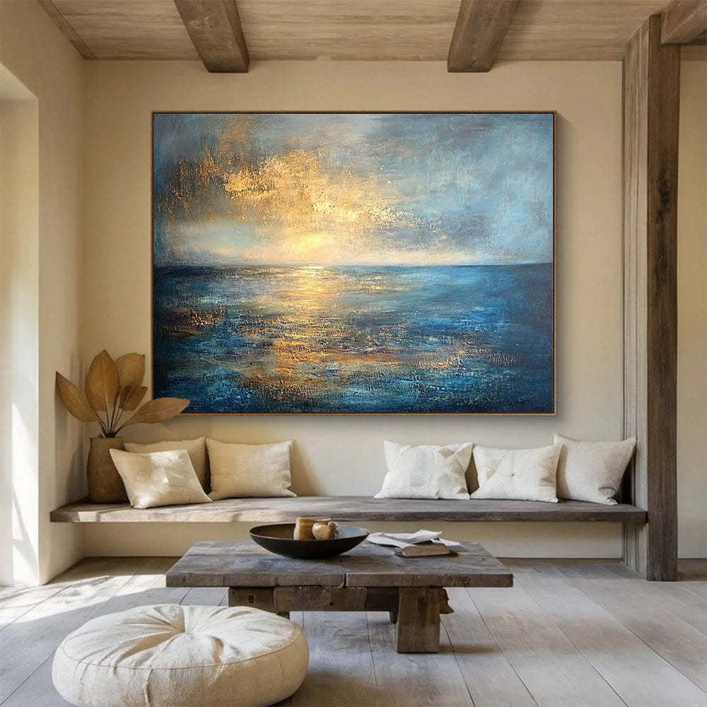 Huge Size Blue, Gold, and Gray Abstract Sunset Over Ocean - Acrylic Painting WB288