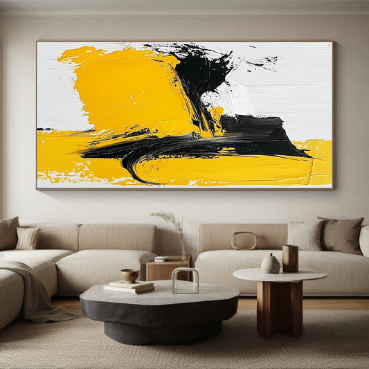 Acrylic Modern Art Paintings Yellow, Black, and White Abstract Expressive Painting For Sale HS140