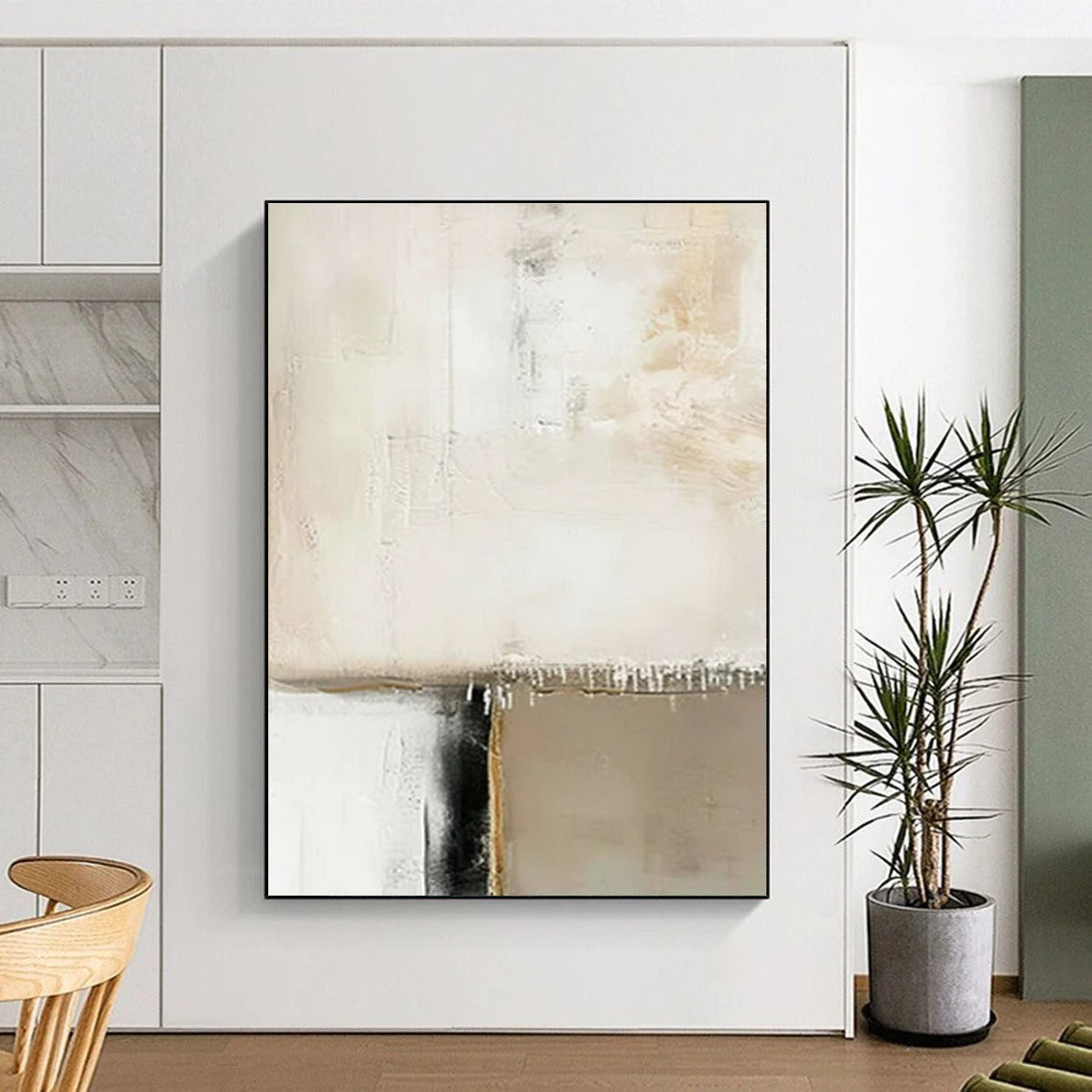 Unique Abstract Art Beige, White, and Black Textured Abstract Painting On Canvas HS786