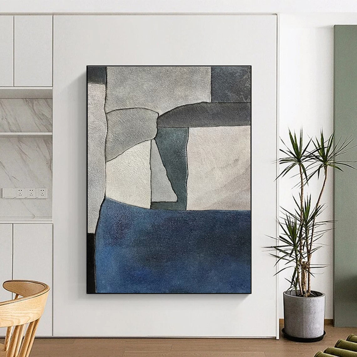 Handmade Art Gray & Blue Geometric Abstract, Minimalist Canvas Art HS434