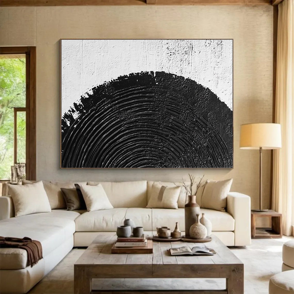 Hand Painted Art Black and White Textured Circular Abstract Art HS196
