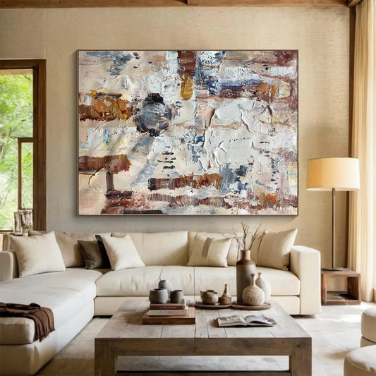 Hand-Painted Multicolor Beige Abstract Textured Painting For Sale HS060