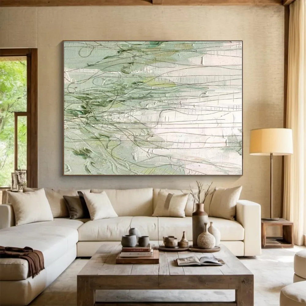 Unique Abstract Art Green & White Line Abstract, Large Contemporary Wall Art HS346