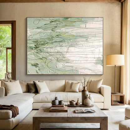 Unique Abstract Art Green & White Line Abstract, Large Contemporary Wall Art HS346