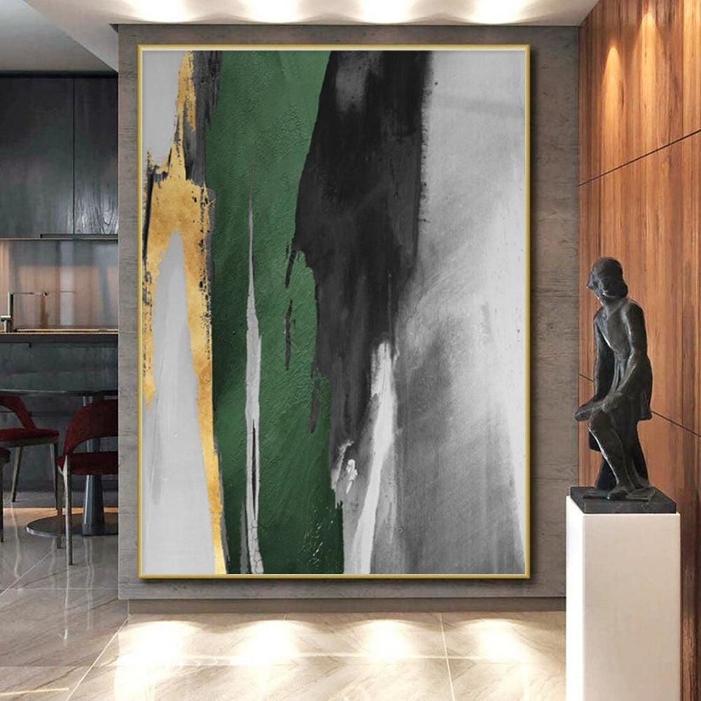 Handmade Art Oversized Abstract Wall Art with Green, Black, Gray, Gold Textured Brushstrokes - Acrylic Modern Art Painting HS536