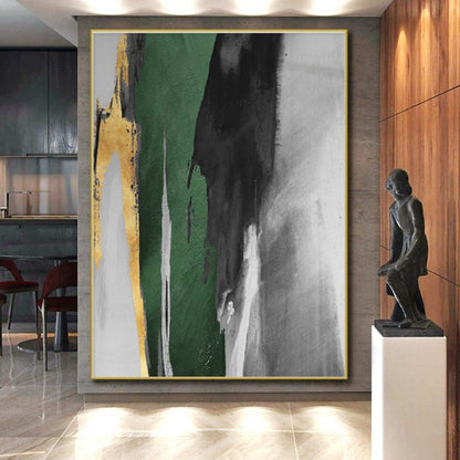 Handmade Art Oversized Abstract Wall Art with Green, Black, Gray, Gold Textured Brushstrokes - Acrylic Modern Art Painting HS536