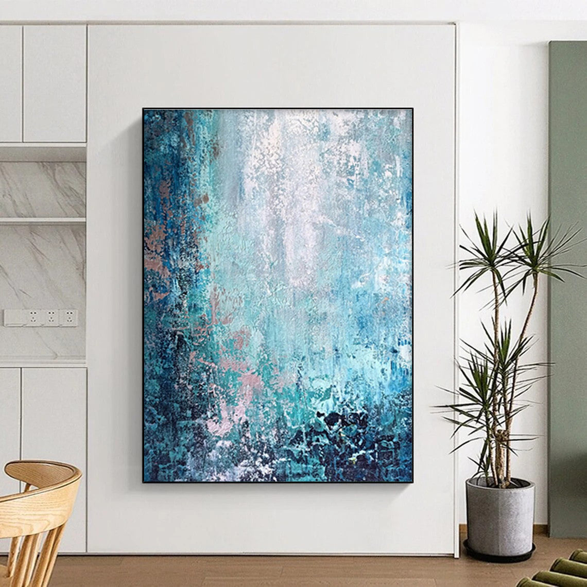 Unique Abstract Art Teal, Blue & Pink Textured Abstract, Large Contemporary Wall Art HS295