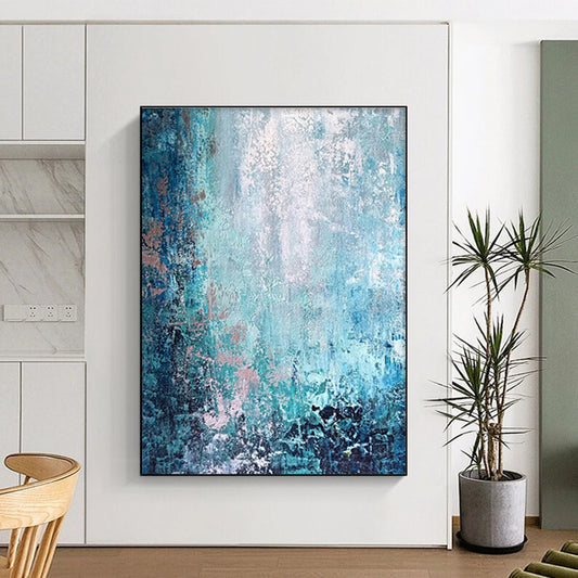 Unique Abstract Art Teal, Blue & Pink Textured Abstract, Large Contemporary Wall Art HS295