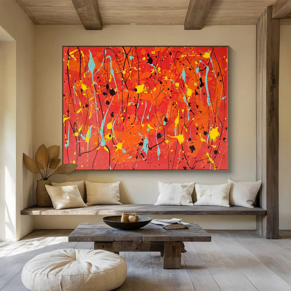 Large Size Orange, Yellow and Blue Abstract Splatter Painting WB075