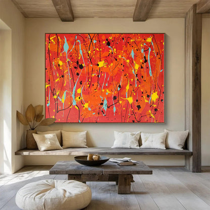 Large Size Orange, Yellow and Blue Abstract Splatter Painting WB075