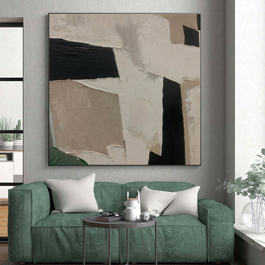 Unique Abstract Art Black, Beige & White Geometric Abstract, Large Contemporary Wall Art HS306