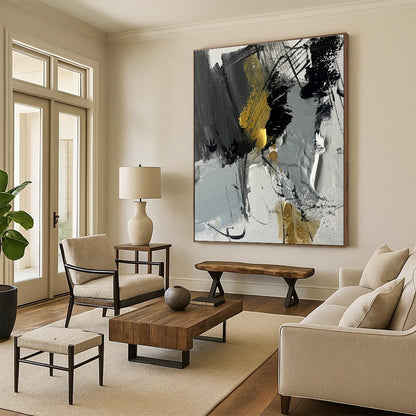Oversized Abstract Wall Art with Gray, Black, White and Gold Colors, Energetic Abstract Theme HS466