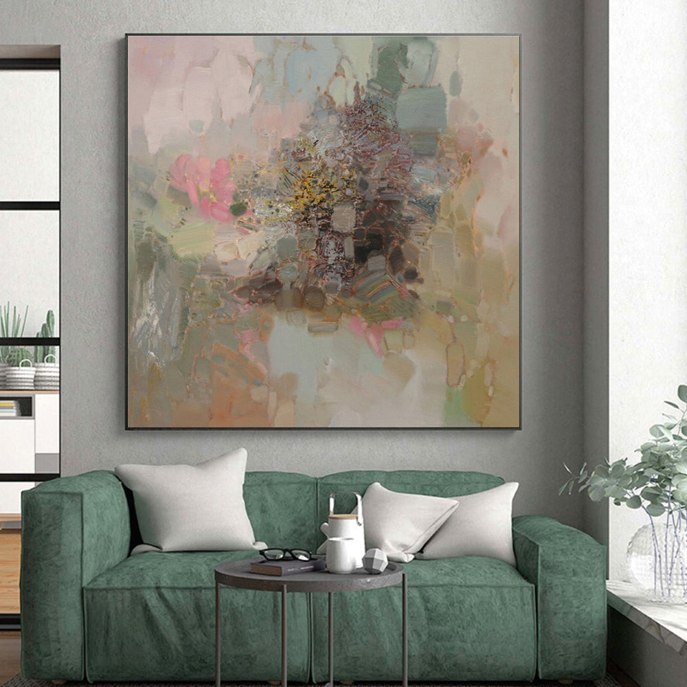 Unique Abstract Art Pink, Green, and Beige Floral Abstract Art HS714