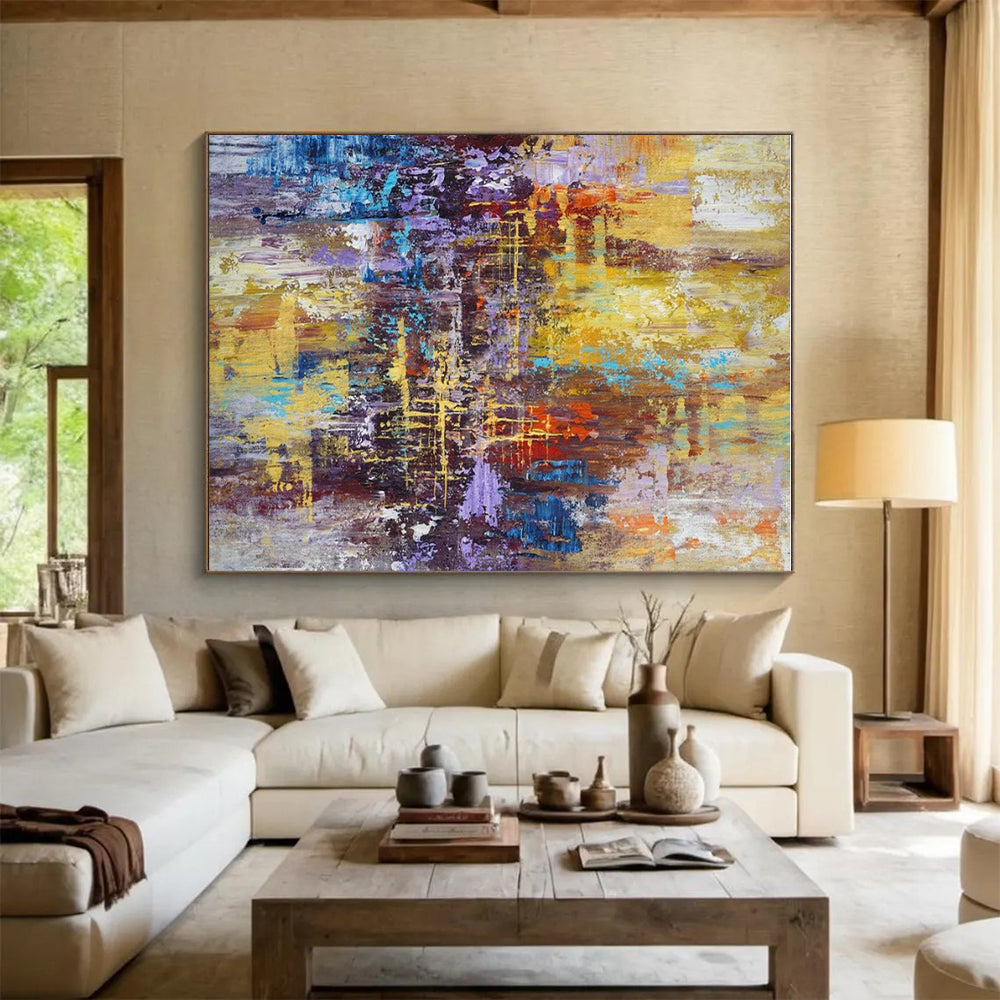 Large Painting In Living Room Multicolor Textured Abstract Cityscape HS618