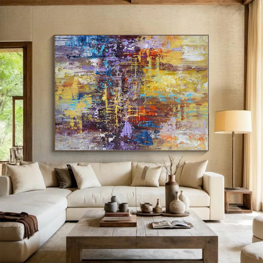 Large Painting In Living Room Multicolor Textured Abstract Cityscape HS618